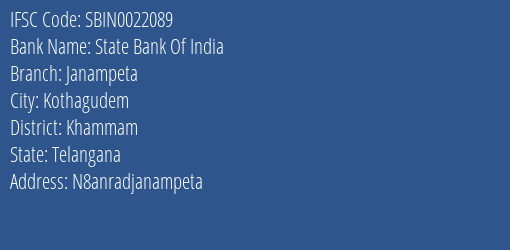 State Bank Of India Janampeta Branch Khammam IFSC Code SBIN0022089