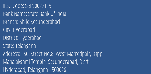 State Bank Of India Sbild Secunderabad Branch Hyderabad IFSC Code SBIN0022115