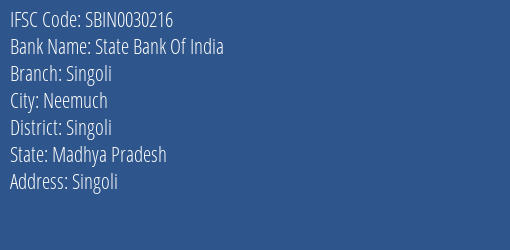 State Bank Of India Singoli Branch Singoli IFSC Code SBIN0030216