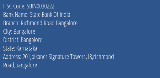 State Bank Of India Richmond Road Bangalore Branch Bangalore IFSC Code SBIN0030222