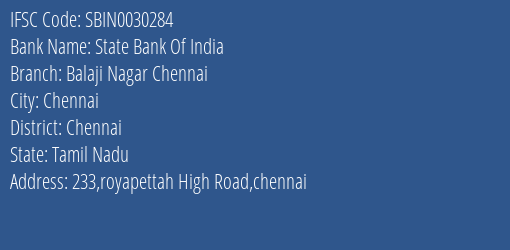 State Bank Of India Balaji Nagar Chennai Branch Chennai IFSC Code SBIN0030284