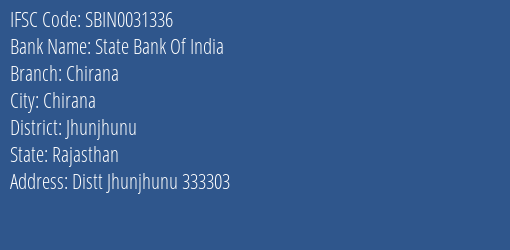 State Bank Of India Chirana Branch Jhunjhunu IFSC Code SBIN0031336