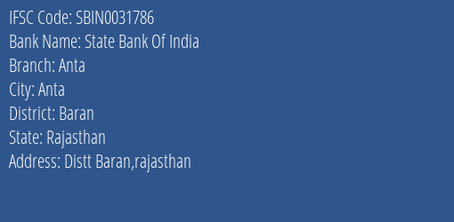 State Bank Of India Anta Branch Baran IFSC Code SBIN0031786