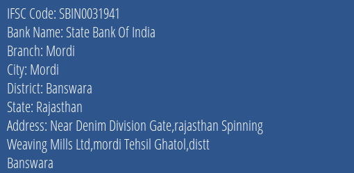 State Bank Of India Mordi Branch Banswara IFSC Code SBIN0031941