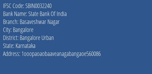 State Bank Of India Basaveshwar Nagar Branch Bangalore Urban IFSC Code SBIN0032240