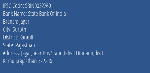 State Bank Of India Jagar Branch Karauli IFSC Code SBIN0032260