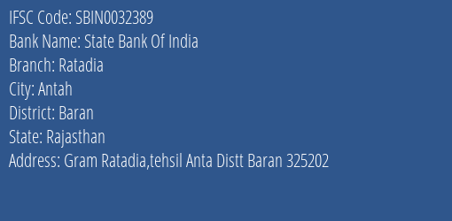 State Bank Of India Ratadia Branch Baran IFSC Code SBIN0032389
