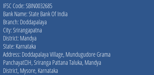 State Bank Of India Doddapalaya Branch Mandya IFSC Code SBIN0032685