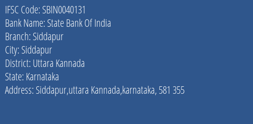 State Bank Of India Siddapur Branch Uttara Kannada IFSC Code SBIN0040131