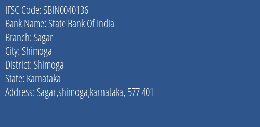 State Bank Of India Sagar Branch, Branch Code 040136 & IFSC Code Sbin0040136