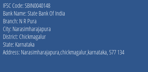 State Bank Of India N R Pura Branch, Branch Code 040148 & IFSC Code Sbin0040148