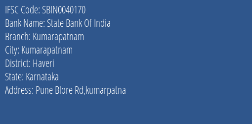 State Bank Of India Kumarapatnam Branch Haveri IFSC Code SBIN0040170