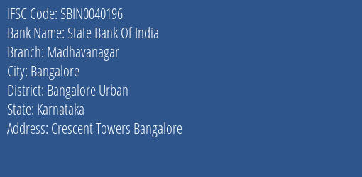 State Bank Of India Madhavanagar Branch Bangalore Urban IFSC Code SBIN0040196