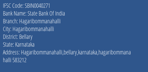 State Bank Of India Hagaribommanahalli Branch Bellary IFSC Code SBIN0040271