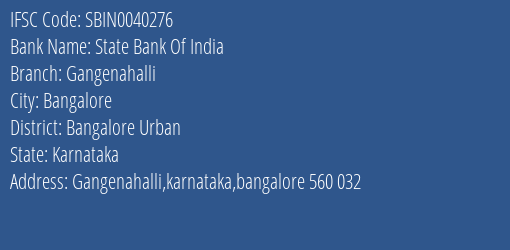 State Bank Of India Gangenahalli Branch, Branch Code 040276 & IFSC Code Sbin0040276