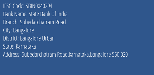 State Bank Of India Subedarchatram Road Branch Bangalore Urban IFSC Code SBIN0040294