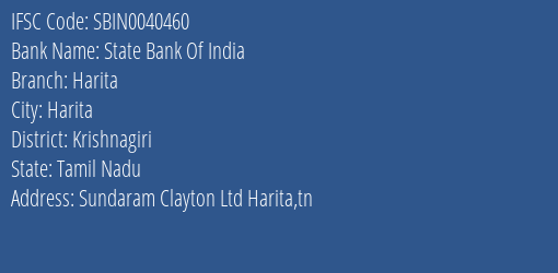 State Bank Of India Harita Branch Krishnagiri IFSC Code SBIN0040460