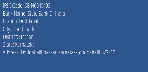 State Bank Of India Doddahalli Branch Hassan IFSC Code SBIN0040498