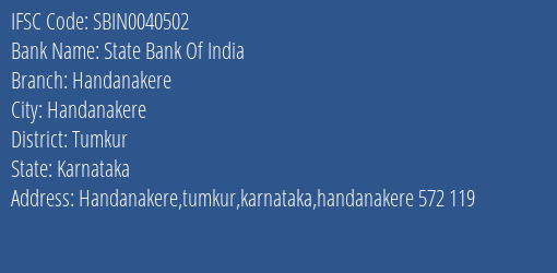 State Bank Of India Handanakere Branch Tumkur IFSC Code SBIN0040502