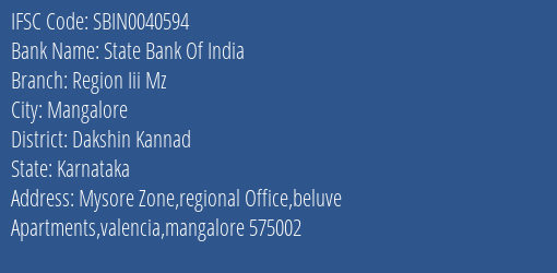 State Bank Of India Region Iii Mz Branch Dakshin Kannad IFSC Code SBIN0040594