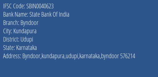 State Bank Of India Byndoor Branch Udupi IFSC Code SBIN0040623