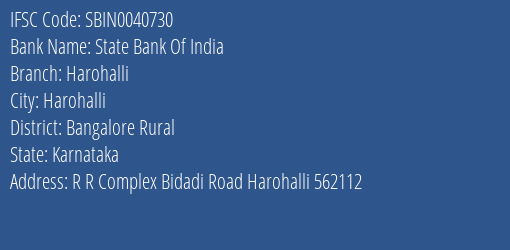 State Bank Of India Harohalli Branch Bangalore Rural IFSC Code SBIN0040730