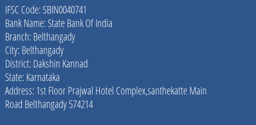 State Bank Of India Belthangady Branch Dakshin Kannad IFSC Code SBIN0040741