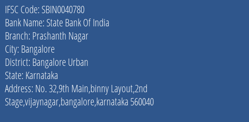 State Bank Of India Prashanth Nagar Branch Bangalore Urban IFSC Code SBIN0040780