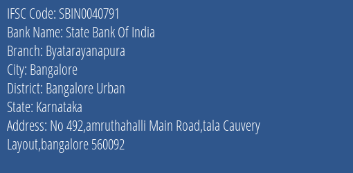 State Bank Of India Byatarayanapura Branch Bangalore Urban IFSC Code SBIN0040791