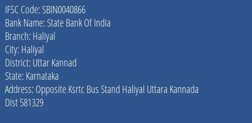 State Bank Of India Haliyal Branch Uttar Kannad IFSC Code SBIN0040866
