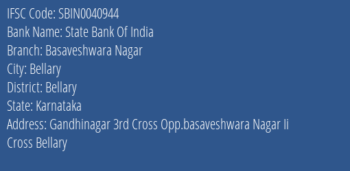 State Bank Of India Basaveshwara Nagar Branch Bellary IFSC Code SBIN0040944