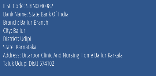 State Bank Of India Bailur Branch Branch Udipi IFSC Code SBIN0040982