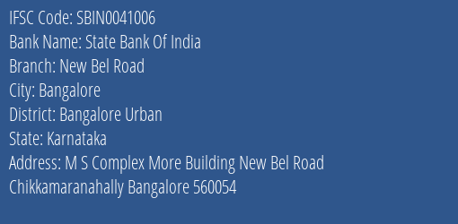 State Bank Of India New Bel Road Branch, Branch Code 041006 & IFSC Code Sbin0041006