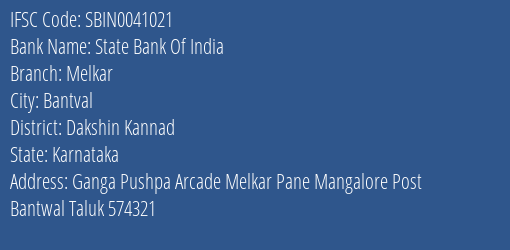 State Bank Of India Melkar Branch Dakshin Kannad IFSC Code SBIN0041021