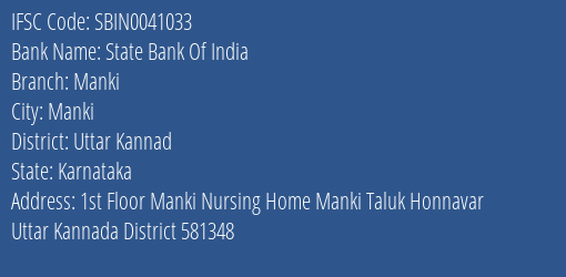 State Bank Of India Manki Branch Uttar Kannad IFSC Code SBIN0041033