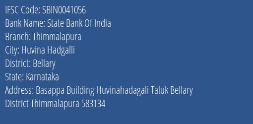 State Bank Of India Thimmalapura Branch Bellary IFSC Code SBIN0041056