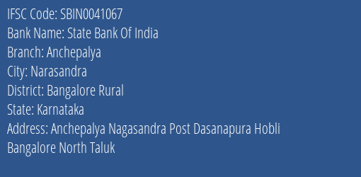 State Bank Of India Anchepalya Branch Bangalore Rural IFSC Code SBIN0041067