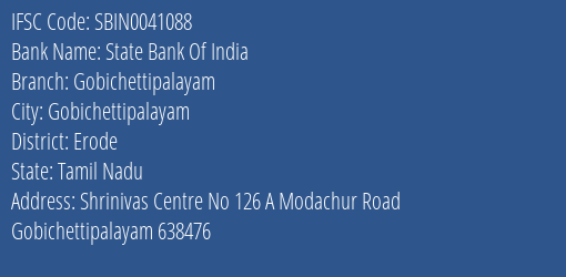 State Bank Of India Gobichettipalayam Branch Erode IFSC Code SBIN0041088