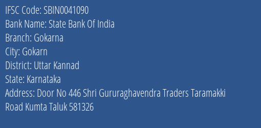 State Bank Of India Gokarna Branch Uttar Kannad IFSC Code SBIN0041090