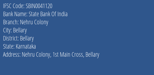 State Bank Of India Nehru Colony Branch Bellary IFSC Code SBIN0041120