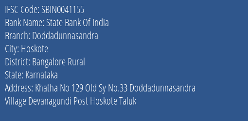 State Bank Of India Doddadunnasandra Branch Bangalore Rural IFSC Code SBIN0041155