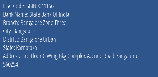 State Bank Of India Bangalore Zone Three Branch Bangalore Urban IFSC Code SBIN0041156