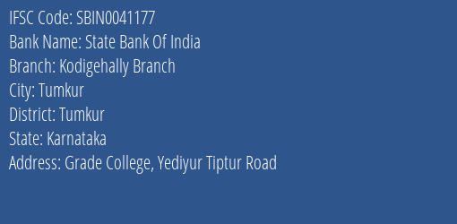 State Bank Of India Kodigehally Branch Branch, Branch Code 041177 & IFSC Code Sbin0041177