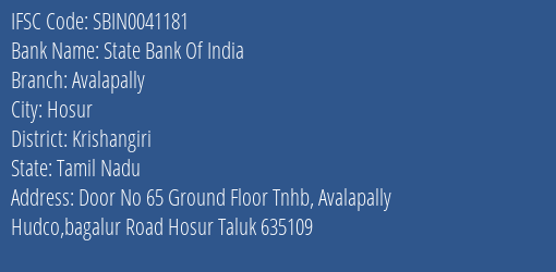State Bank Of India Avalapally Branch Krishangiri IFSC Code SBIN0041181
