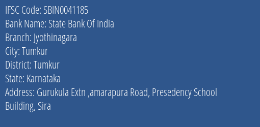 State Bank Of India Jyothinagara Branch, Branch Code 041185 & IFSC Code Sbin0041185