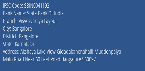 State Bank Of India Visvesvaraya Layout Branch Bangalore IFSC Code SBIN0041192