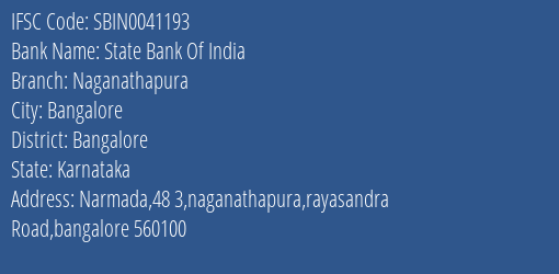 State Bank Of India Naganathapura Branch Bangalore IFSC Code SBIN0041193