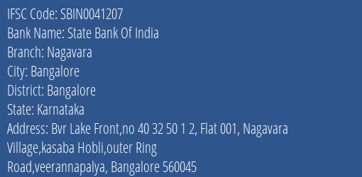 State Bank Of India Nagavara Branch Bangalore IFSC Code SBIN0041207