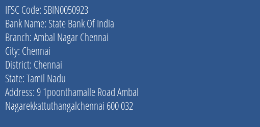 State Bank Of India Ambal Nagar Chennai Branch, Branch Code 050923 & IFSC Code Sbin0050923