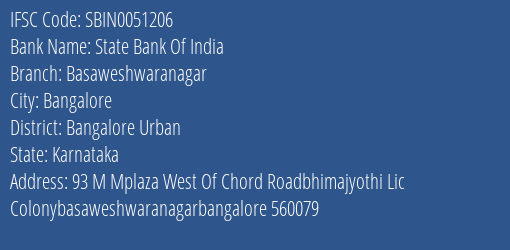 State Bank Of India Basaweshwaranagar Branch Bangalore Urban IFSC Code SBIN0051206